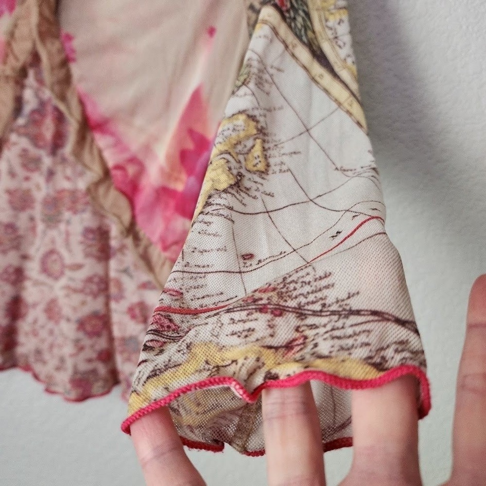 BY MAURICE Vintage Y2K Sheer Mesh Top Renaissance Map Floral Patchwork Print M - Picture 6 of 12